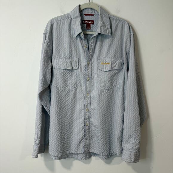 Simms Mens Fishing Shirt Stripe Button Down Blue Large Textured UPF Outdoor Hike - Picture 1 of 9